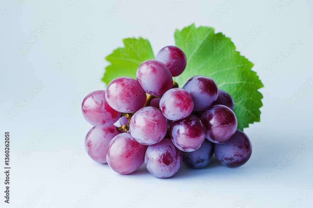 Fototapeta premium A Clustered Bunch Of Fresh Red Grapes And A Green Leaf