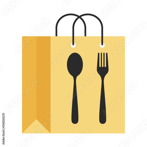 Food delivery set icon. Paper bag with fork and spoon shows takeaway service, restaurant packaging, online order, and meal transport.