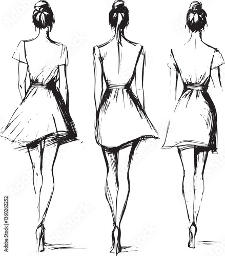 set of fashion sketch of modeling women catwalk