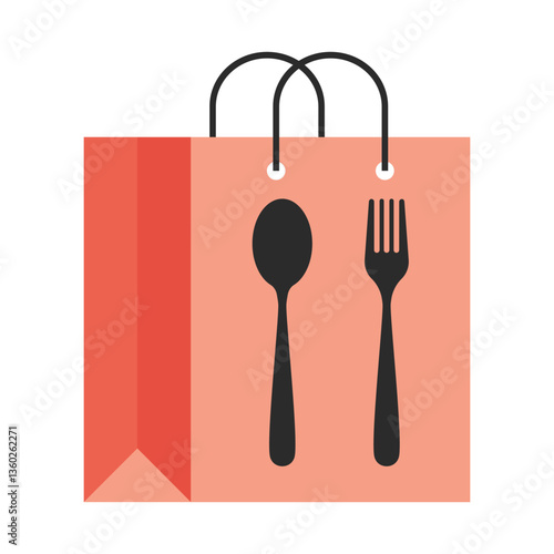 Food delivery set icon. Paper bag with fork and spoon shows takeaway service, restaurant packaging, online order, and meal transport.