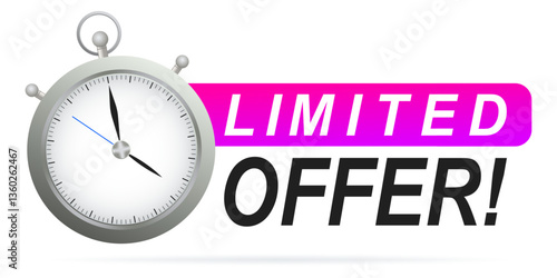 Limited offer set icon. Clock with purple banner shows flash sale, urgency, countdown, special promotion, and time-based discount.