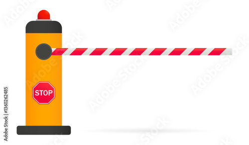 Security checkpoint set icon. Barrier with stop sign shows restricted area, vehicle control point, and access regulation.