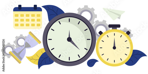 Time planning set icon. Stopwatch, clock, calendar, gear and hourglass reflect process control, schedule, and teamwork.