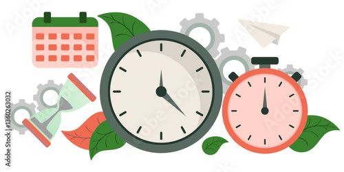 Time planning set icon. Stopwatch, clock, calendar, gear and hourglass reflect process control, schedule, and teamwork.