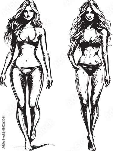 set of fashion sketch of  a model