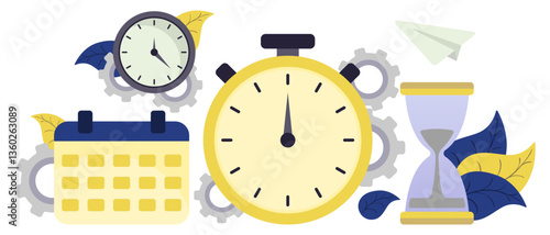 Productivity time set icon. Stopwatch, calendar, gear and clock show teamwork process, organization and work routine.