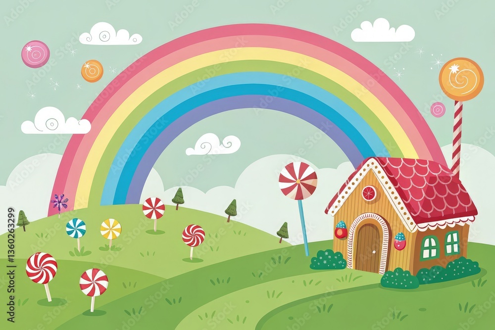 Fototapeta premium Colorful Candy Landscape With a Whimsical House and Rainbow Generative AI
