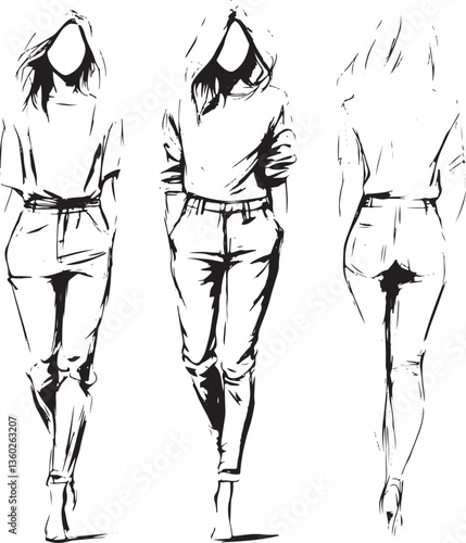 set of fashion sketch of modeling women catwalk