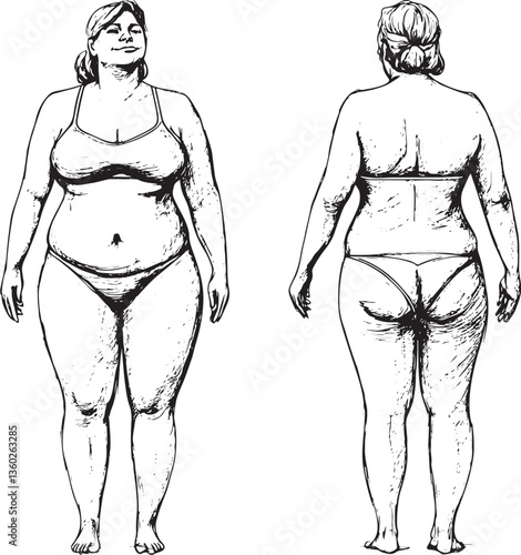 set of fashion sketch of a overweight woman