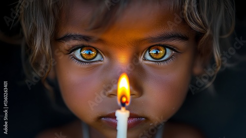 Close Up Portrait Of A Child Illuminated By Candlelight