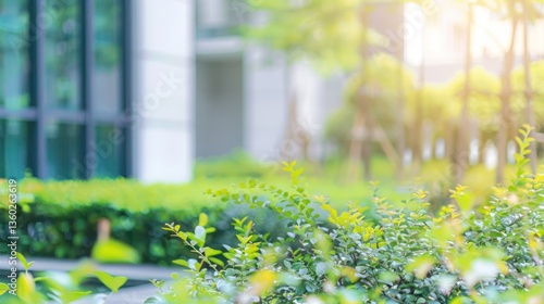 Blurred outdoor building office garden green background for portrait headshot business perspective.