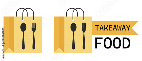 Takeaway bag set icon. Food packaging with cutlery and label indicates ready meal delivery and eating on the go.