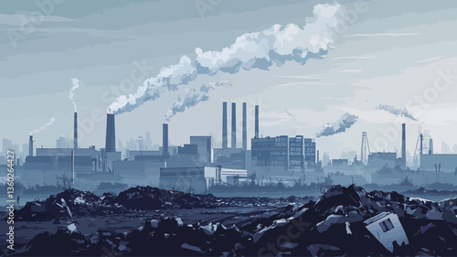 The image shows a wide shot of an industrial complex on a hazy day.  Numerous smoke stacks release plumes of white and gray smoke into the atmosphere. The factories are dark and indistinct due to