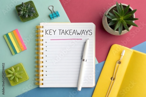Notepad With Key Takeaways and Plants in a Colorful Workspace Generative AI