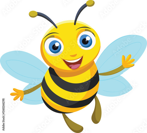 Cheerful Cartoon Bee Character with Yellow and Black Stripes Smiling and Waving