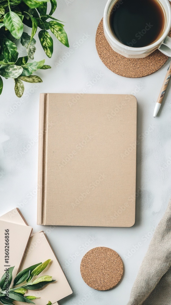 Minimalist workspace with a beige notebook, coffee, and plants Minimalist workspace with a beige notebook, coffee, and plants