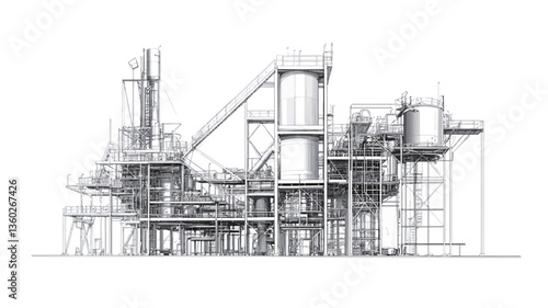 The image is a grayscale architectural drawing depicting a complex industrial facility.  The drawing shows a detailed cross-section or elevation view of a large structure composed of interconnected