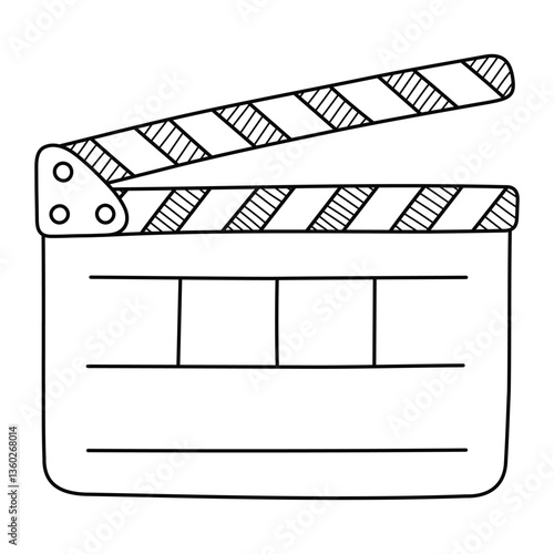 Clapperboard vector illustration. Hand-drawn movie slate in doodle style. Black line art isolated on white background.