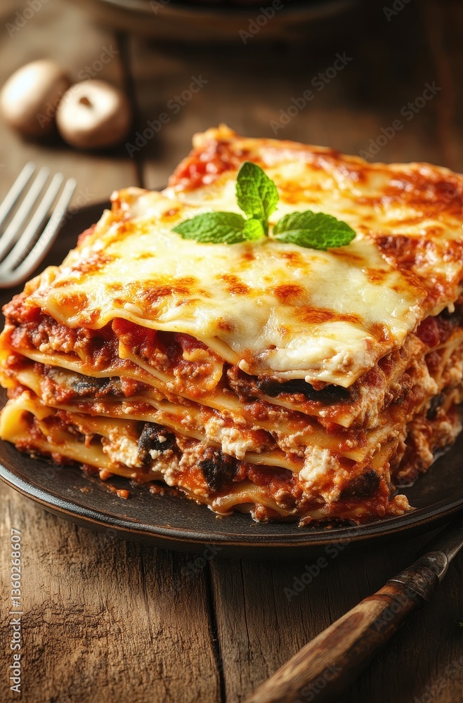 Delicious Layers of Homemade Lasagna with Cheese and Fresh Herbs on Rustic Wooden Table Setting for Culinary Inspiration and Food Photography Delicious Layers of Homemade Lasagna with Cheese and Fresh Herbs on Rustic Wooden Table Setting for Culinary Inspiration and Food Photography