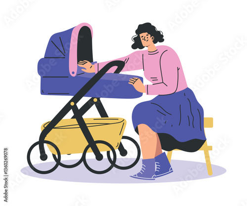 Young Woman Parent Walking with Baby Carriage Vector Illustration