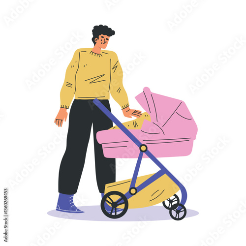 Young Man Parent Walking with Baby Carriage Vector Illustration