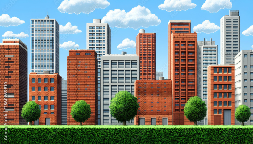 Fototapeta premium Pixelated Cityscape With Red Brick Buildings
