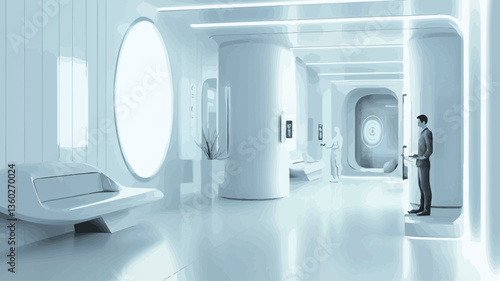 The image shows a digitally rendered interior of a futuristic gallery or museum. The space is predominantly white with smooth, curved walls and columns. Large, oval windows provide ample natural
