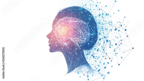 The image is an abstract digital illustration depicting a profile view of a human head.  The head is rendered in a translucent, stylized manner, overlaid with a network of interconnected lines and