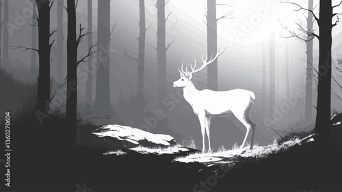 The image is a monochrome digital illustration depicting a white deer standing in a misty forest. The deer is centrally positioned and rendered in a bright white, contrasting sharply with the dark,