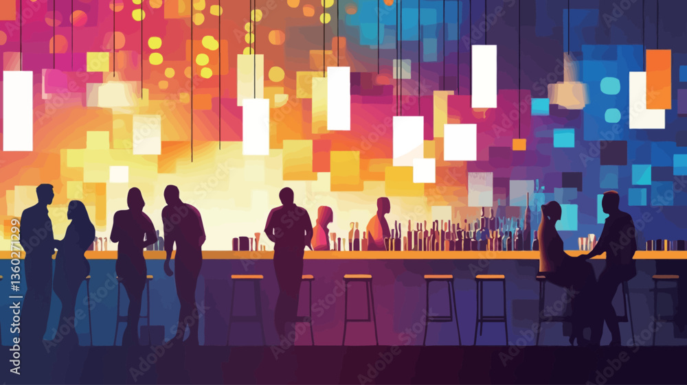 The image is a stylized illustration depicting a bar scene at night. The illustration utilizes a predominantly dark background with bold, saturated colors used for the lighting and the bar itself. The image is a stylized illustration depicting a bar scene at night. The illustration utilizes a predominantly dark background with bold, saturated colors used for the lighting and the bar itself.
