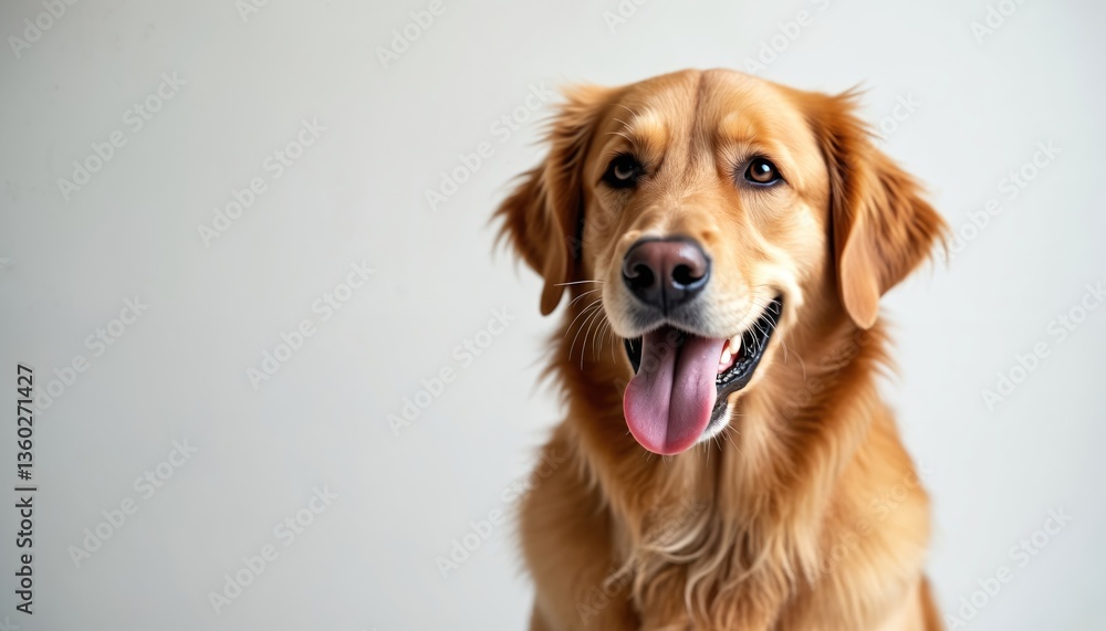 Close-up portrait smiling Golden Retriever on white background. Happy dog shows tongue. Friendly face, studio shot. Pet, canine, adorable, cute, furry animal. Close-up portrait smiling Golden Retriever on white background. Happy dog shows tongue. Friendly face, studio shot. Pet, canine, adorable, cute, furry animal.