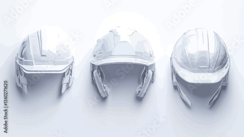 High-angle, close-up view of three white hard hats arranged in a row against a plain white background.  The hard hats are different styles, but all are white and appear clean and new.  The lighting