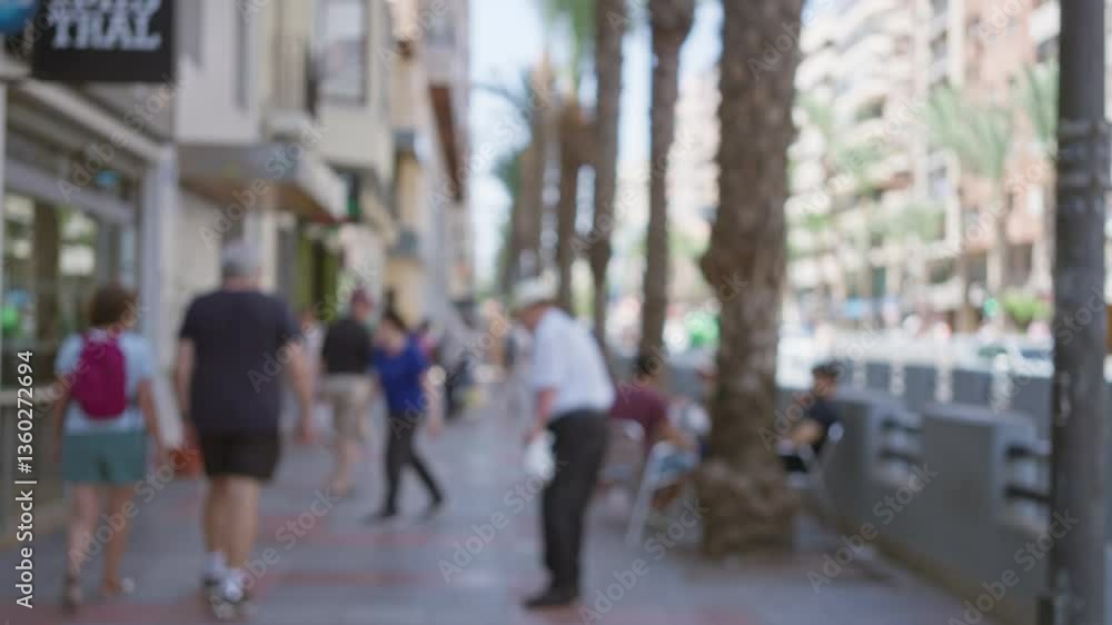 Blurry street scene with men and women walking by palm trees and buildings in an outdoor urban setting on a sunny day Blurry street scene with men and women walking by palm trees and buildings in an outdoor urban setting on a sunny day