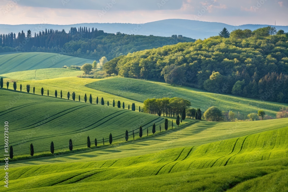 Fototapeta premium Rolling Green Hills and Trees Under a Cloudy Sky Generative AI