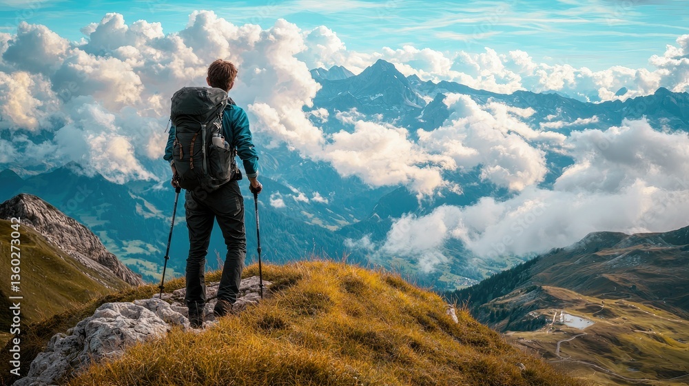 Fototapeta premium A lone hiker standing at a mountain summit, gazing at breathtaking clouds below.