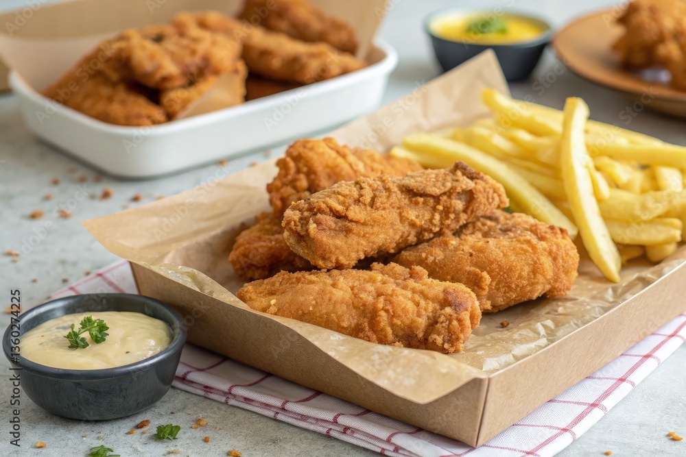 Crispy Fried Chicken Served With French Fries and Dipping Sauce Generative AI Crispy Fried Chicken Served With French Fries and Dipping Sauce Generative AI