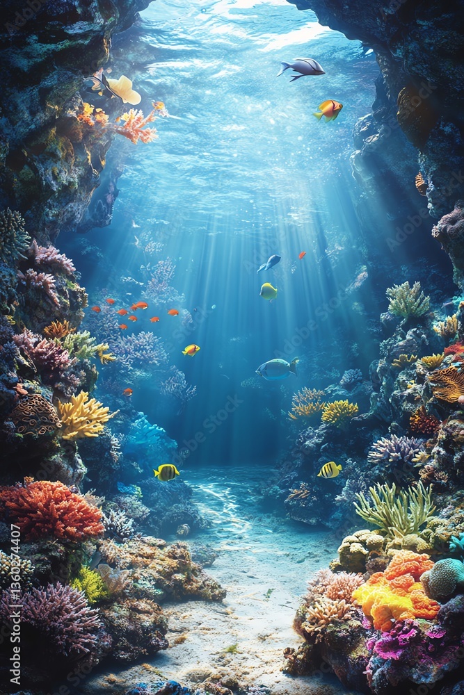Underwater Coral Reef Cave with Sunlight and Tropical Fish Swimming
