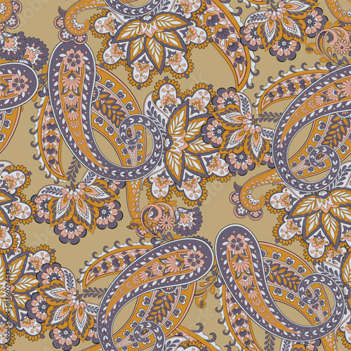 Madhubani, Kalamkari, Chinz, and Kani seamless pattern. Shirting fabric, Ajrakh and Ikat styles. Patola backdrop. Floral allover design