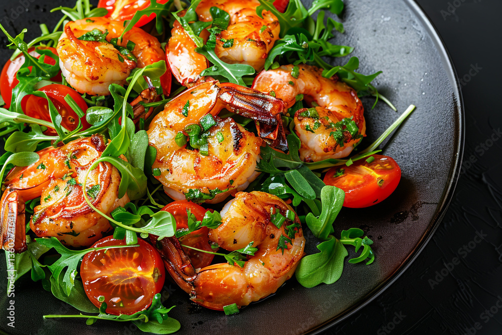 A Top-Down View of a Dazzling Creve Plate Brimming with Succulent Shrimp and Vibrant Tomatoes Garnished with Fresh Herbs A Top-Down View of a Dazzling Creve Plate Brimming with Succulent Shrimp and Vibrant Tomatoes Garnished with Fresh Herbs