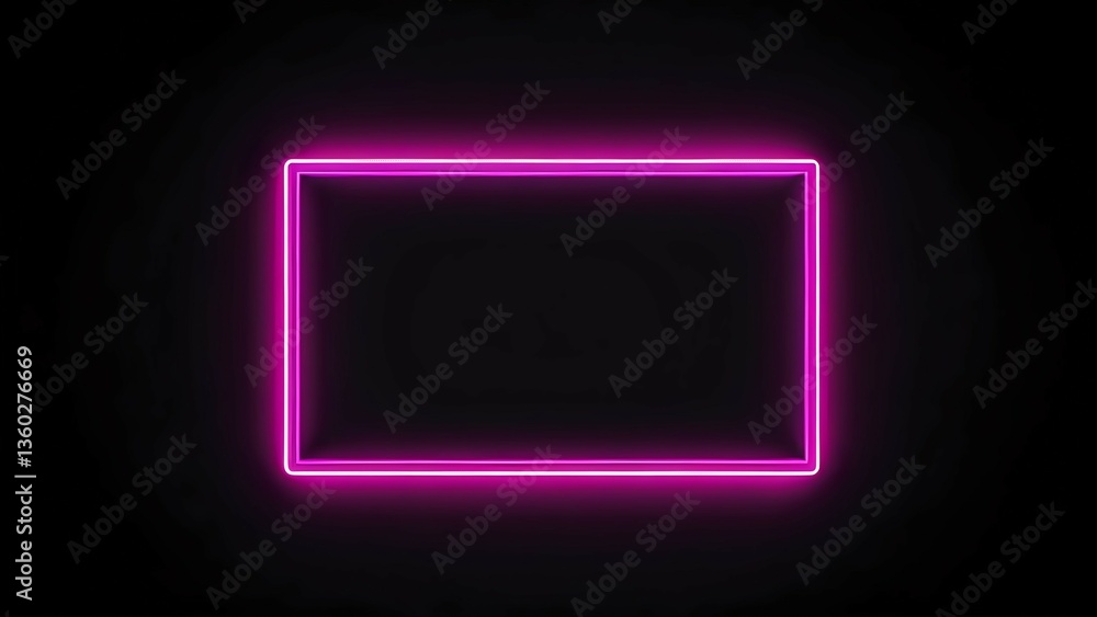 Fototapeta premium Vibrant pink neon rectangular frame glowing in the dark, perfect for adding text or imagery. Modern, minimalist design.