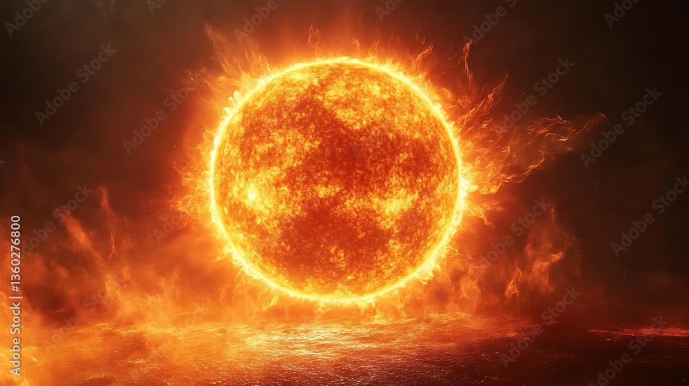 Obraz premium Fiery Sun with Intense Solar Flares, A fiery, glowing sun with intense solar flares and a dark background