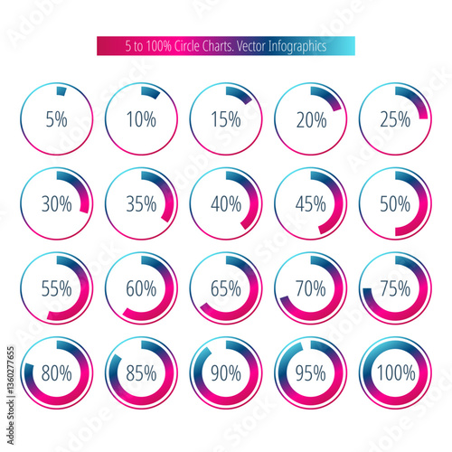 5 10 15 20 25 30 35 40 45 50 55 60 65 70 75 80 85 90 95 100 percent isolated pie chart. Vector infographic circle icon set for business, finance, design, download, progress