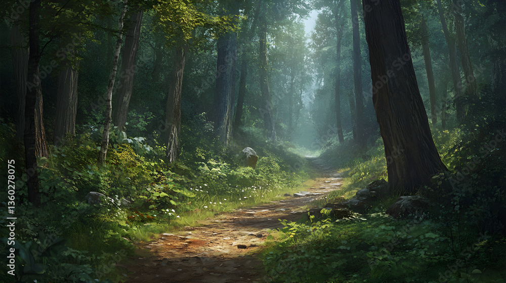 Obraz premium A quiet trail winds through a dense forest, where the sounds of wildlife and the gentle rustling of leaves create a soothing atmosphere of peace and connection with nature