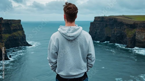 Young man standing on cliff edge overlooking ocean with dramatic clouds in the background