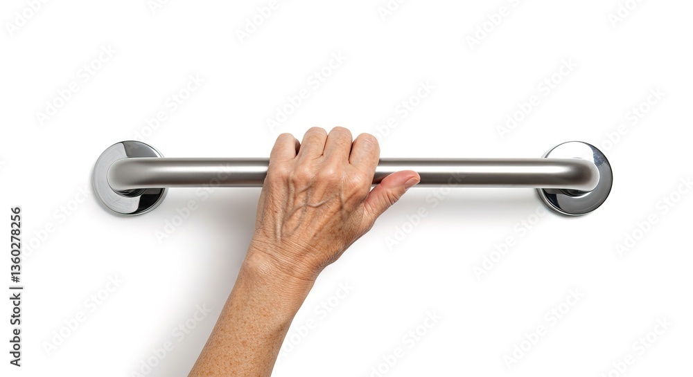 A hand holding onto a stainless steel grab bar mounted on white wall, equipment, healthcare, dental, tool, medical, clinic, instrument