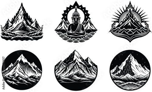 Mountain with black and white design, featuring symbols, skulls, wings, and vintage elements for tattoos, logos, and decoration