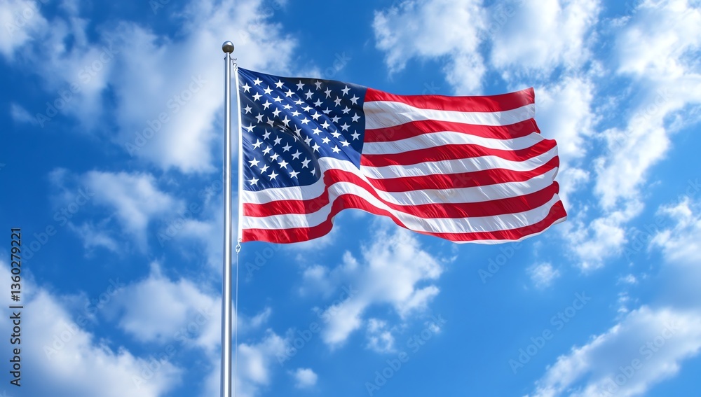 American Flag Waving Proudly Against a Bright Blue Sky with Clouds American Flag Waving Proudly Against a Bright Blue Sky with Clouds