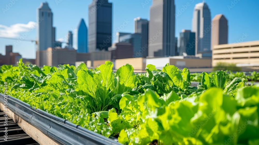 Urban rooftop garden showcasing vibrant lettuce with city skyline in background Urban rooftop garden showcasing vibrant lettuce with city skyline in background