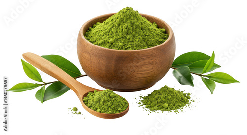 A wooden bowl filled with green matcha powder next to a spoon and some leaves 
