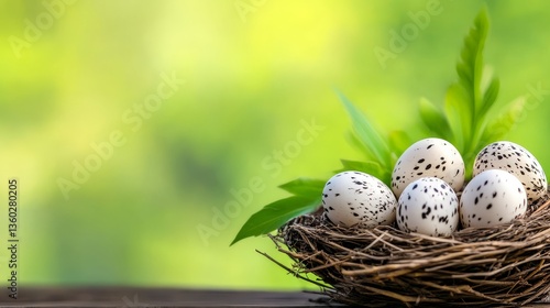 A serene nest with speckled eggs surrounded by lush greenery in a tranquil outdoor setting